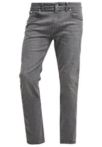 Jean slim fit gris pour homme en denim avec cinq poches et une fermeture par bouton à la taille.