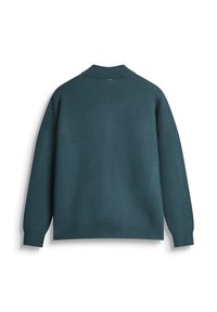 Maglione in maglia teal con design a colletto, spalle basse e polsini a coste, con una texture liscia e uno stile minimalista.