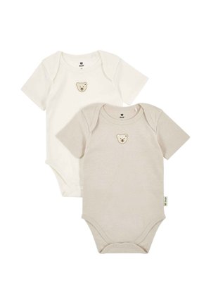 Two short-sleeve baby bodysuits in beige and off-white, each with a small bear face emblem centered on the chest.