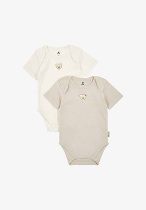 Zwei kurzärmelige Babystrampler in Beige und Off-White, jeweils mit einem kleinen Bärengesicht-Emblem mittig auf der Brust.