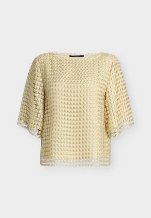 Beige Kurzarmbluse mit strukturiertem Karomuster und floraler Stickerei, mit rundem Ausschnitt und weiter Passform.