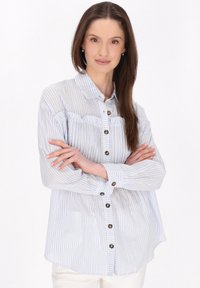 Camicia collared con bottoni, a righe verticali blu e bianche, caratterizzata da un dettaglio arricciato sul petto e bottoni marroni.