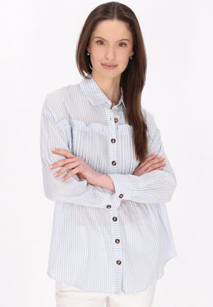 Camicia collared con bottoni, a righe verticali blu e bianche, caratterizzata da un dettaglio arricciato sul petto e bottoni marroni.