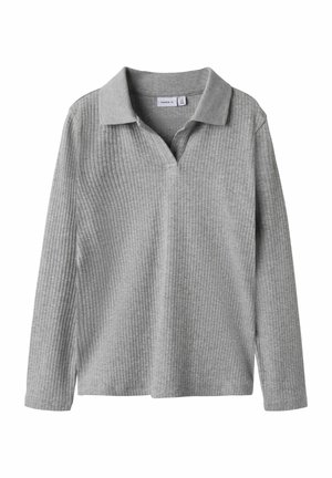 Szary longsleeve polo z ryżowym wzorem, z kołnierzykiem i dekoltem w kształcie litery V.