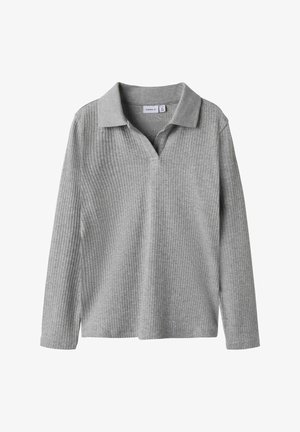 Polo a maniche lunghe grigio con texture a coste, con colletto e scollatura a V.