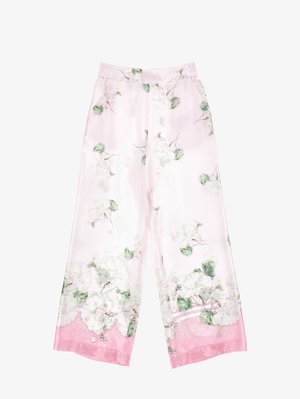 Light pink wide-leg pants with white floral print and green leaves, featuring an elastic waistband and pink polka dot cuffs.