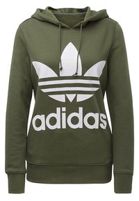 Olivgrön huvtröja med vit adidas-logga, stor central grafik, dragsko i huvan, ribbade ärmslut och nederkant. Slät bomullsblandningstyg.