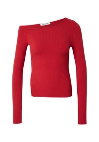 Rode geribde top met lange mouwen en een asymmetrische off-shoulder halslijn, een aansluitend ontwerp en een gladde stoffen textuur. Etiket zichtbaar binnenin de halslijn.