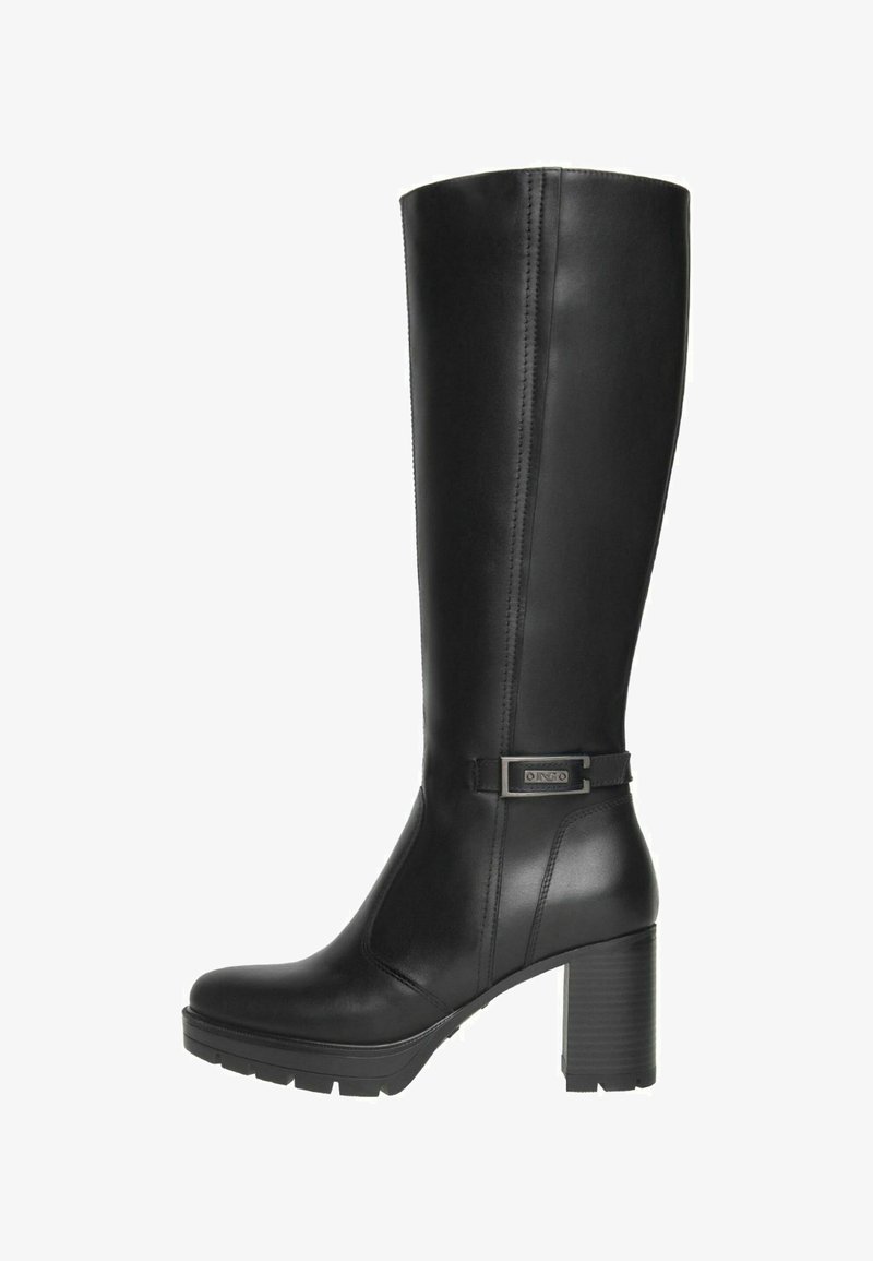 Black knee-high leather boot with block heel, lug sole, side buckle detail, and smooth finish.