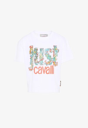 T-shirt blanc à manches courtes avec lettrage orné et coloré "Just" au-dessus du texte orange vif "cavalli" sur le devant.