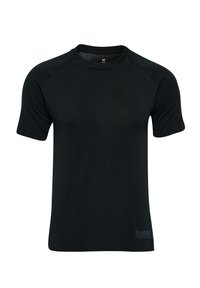 Zwart sportt-shirt van vochtafvoerend materiaal, met korte mouwen, een ronde halslijn en het "hummel"-logo in het grijs aan de onderkant.