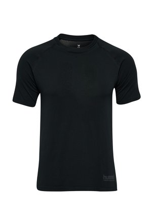 Zwart sportt-shirt van vochtafvoerend materiaal, met korte mouwen, een ronde halslijn en het "hummel"-logo in het grijs aan de onderkant.