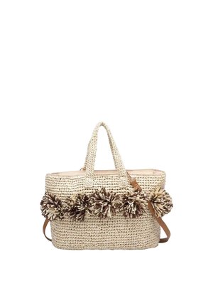 Borsa tote beige intrecciata con due manici, decorata con cinque pon pon marroni e crema sulla parte anteriore e tracolla rimovibile.