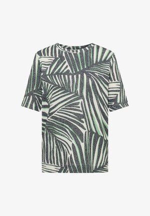 T-shirt manches courtes avec motif abstrait de feuilles noires et vert clair sur fond blanc, encolure ronde et coupe régulière.