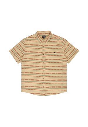 Kortebroekenshirt in lichtbeige met horizontale strepen in roestkleur en groen. Voorzien van een knoopsluiting aan de voorkant en een borstzak.