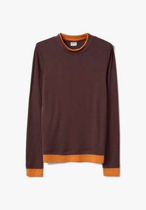 Long-sleeve brown shirt with orange trim at collar, cuffs, and hem, displayed flat on white background.