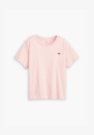 Lyserød bomulds T-shirt med rund halsudskæring, korte ærmer og et lille rødt logo på venstre bryst.