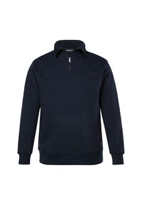 Felpa blu navy con colletto a zip quarti, polsini e fondo a costine. Realizzata in un tessuto morbido, presenta un piccolo dettaglio logo sul petto.