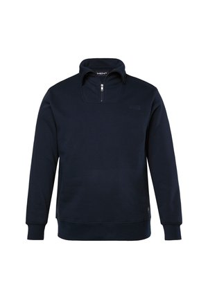Sudadera azul marino con cuello de media cremallera, puños y dobladillo acanalados. Hecha de una tela suave, presenta un pequeño logo en el pecho.