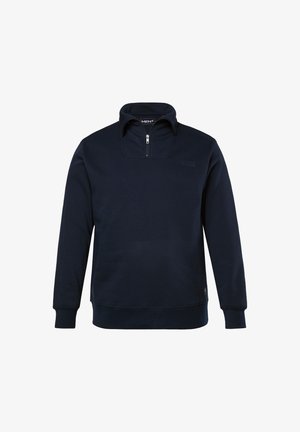 Marineblauw sweatshirt met een kwart-rits kraag, geribbelde manchetten en zoom. Gemaakt van zachte stof, met een klein logodetail op de borst.
