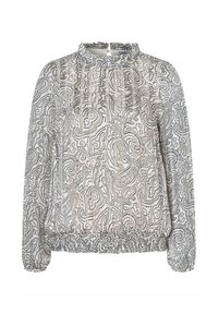 Bluzka z długim rękawem z przezroczystego materiału, z czarno-białym wzorem paisley, z marszczonym dekoltem i elastycznym pasem.