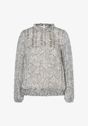 Blouse à manches longues en tissu transparent, avec un motif cachemire noir et blanc, un col froncé et une taille élastique.