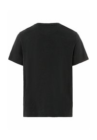 Sort kortærmet T-shirt lavet af et glat, let materiale. Klassisk rund halsudskæring, afslappet pasform, ensfarvet ryg uden grafik eller detaljer.