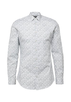 Wit blouse met lange mouwen en knopen, voorzien van een subtiel grijs abstract zwierenpatroon en een klassieke kraag.