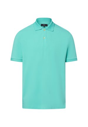 Jasnoturkusowa koszulka polo uszyta z gładkiego materiału, z trzema guzikami na przodzie oraz krótkimi rękawami z ściągaczami.