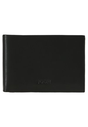 Portafoglio in pelle nera con una texture liscia, design bi-fold e logo impresso sulla parte anteriore. Nessun comparto aggiuntivo visibile.