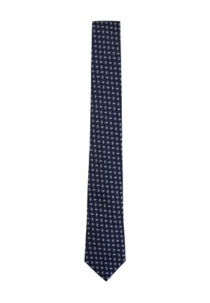 Cravate bleu marine avec un motif répétitif de petites formes de feuilles bleu clair uniformément espacées sur le tissu.