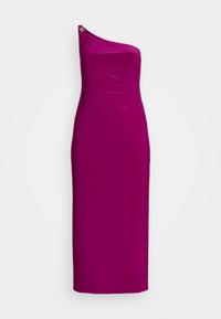 Fuksia yhdelle olalle oleva mekko, jossa on tiukka siluetti, kerroksellista yksityiskohtaa ja metallinen korostus olkapäässä. Valmistettu sileästä kankaasta.