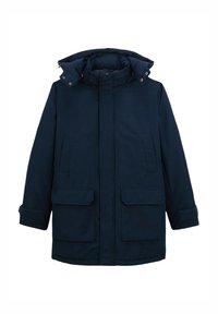 Parka bleu marine avec col montant, capuche ajustable, deux poches à rabat devant et coupe droite. Matière résistante à l'eau.