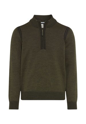 Pull en tricot de couleur vert olive foncé avec un col haut, fermeture éclair quart, poignets côtelés et accents d'épaule avec des rayures bleues.