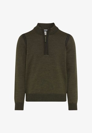 Pull en tricot de couleur vert olive foncé avec un col haut, fermeture éclair quart, poignets côtelés et accents d'épaule avec des rayures bleues.