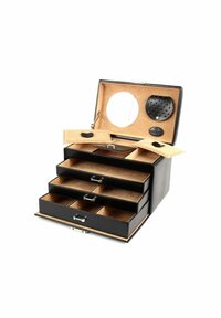 Boîte à bijoux en cuir noir avec quatre tiroirs, intérieur beige, un miroir rond et des accents en cuir noir. Quincaillerie métallique pour une fermeture sécurisée.