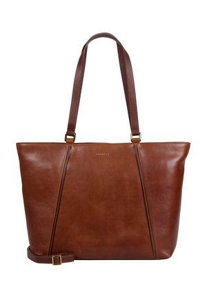 Hnědá kožená taška na rameno se dvěma dlouhými uchy, jedním odnímatelným páskem a jemným švem na přední straně.