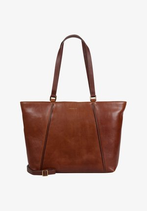 Sac fourre-tout en cuir marron avec deux longues poignées, une bandoulière amovible et des détails de couture subtils sur le devant.