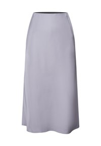 Een knie-lange, lavendelkleurige satijnen rok met een gladde textuur, een getailleerde taille en subtiele draping. Geen zichtbare sluitingen of patronen.