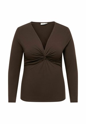 Haut pour femme à manches longues, de couleur marron foncé, avec un col en V et un nœud torsadé au centre devant.