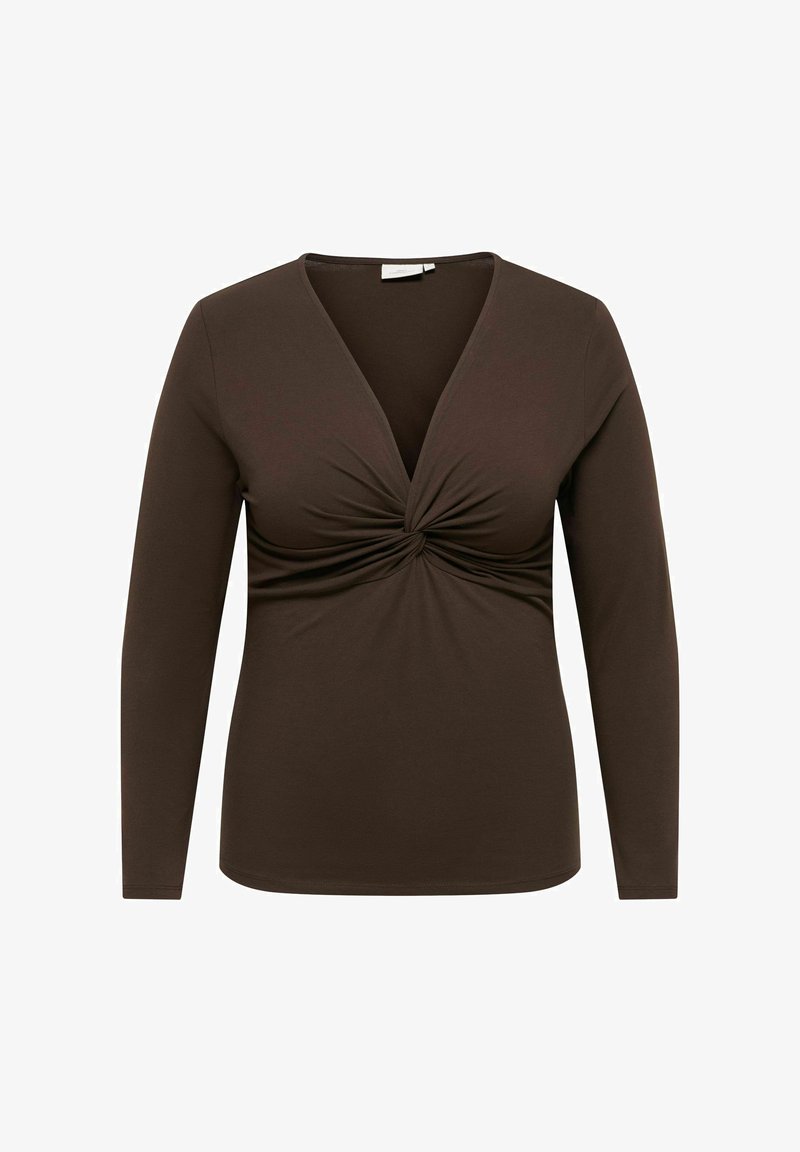 Tummanruskea, pitkähihainen naisten paita, jossa V-pääntie ja etukeskellä kierretty solmukuvio.