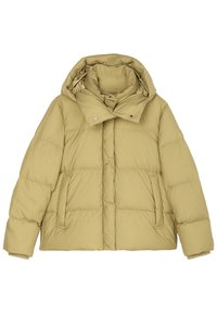 Khaki puchowa kurtka z kapturem, z pikowanym wzorem, bocznymi kieszeniami i ściągaczami przy mankietach. Gładki materiał z błyszczącą podszewką.