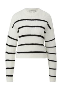 Weißer Strickpullover mit schwarzen horizontalen Streifen, Rundhalsausschnitt und langen Ärmeln. Mit gerippten Bündchen und Saum. Strukturiertes Material.
