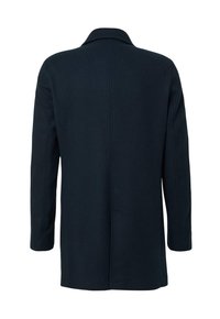 Marineblauwe wollen jas met een rechte snit, lange mouwen en een notch kraag. Kenmerkt zich door een minimalistisch ontwerp en verborgen zijzakken.