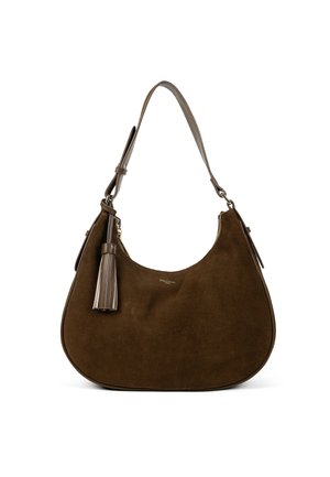 Borsa a spalla in suede marrone con una forma curva, caratterizzata da un dettaglio con frange, chiusura a zip e una tracolla regolabile.