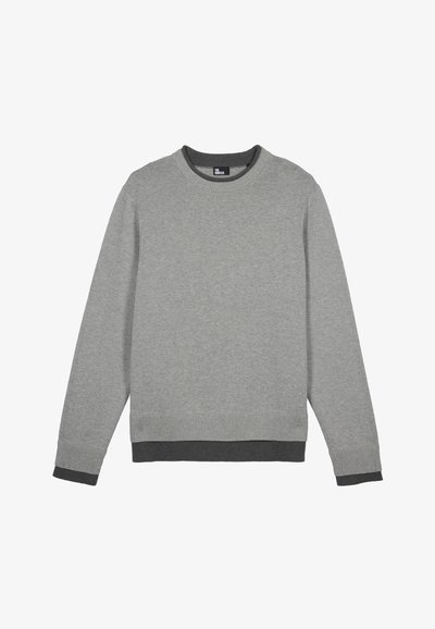 Sweatshirt gris avec col ras du cou, poignets et ourlet côtelés. Présente une bande contrastante gris foncé au niveau du col et de la base. Texture lisse.