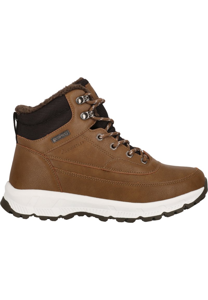 Brun læder vandrestøvle med polstret krave, sort tekstiloverdel, metaløjer og en hvid gummisål med struktureret greb.