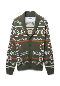 Grüne Strickjacke mit Schalkragen, ausgestattet mit geometrischen Mustern in Weiß und Orange. Aus Strickmaterial, mit Knopfverschluss und gerippten Manschetten.