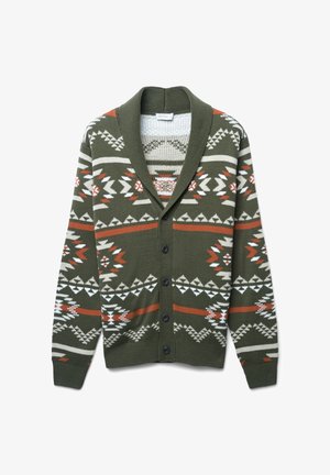 Green cardigan with a shawl collar, featuring geometric patterns in white and orange. Knit material, button closure, and ribbed cuffs.
