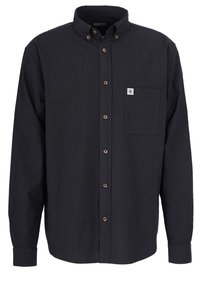 Sort langærmet skjorte med knapper, lavet af en bomuldsblanding. Har en brystlomme, brune knapper og et klassisk kravedesign.